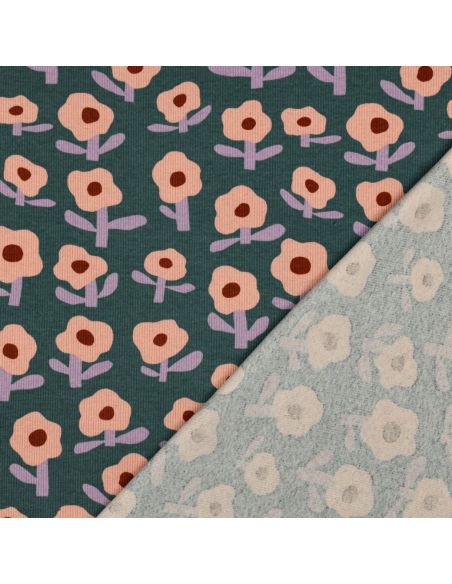 Tissu jersey coton maille côtelé Jennifer Bouron - Fleurs pêche sur fond vert
