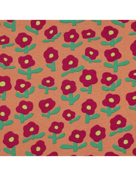 Tissu jersey coton maille côtelé Jennifer Bouron - Fleurs rouge sur fond melon