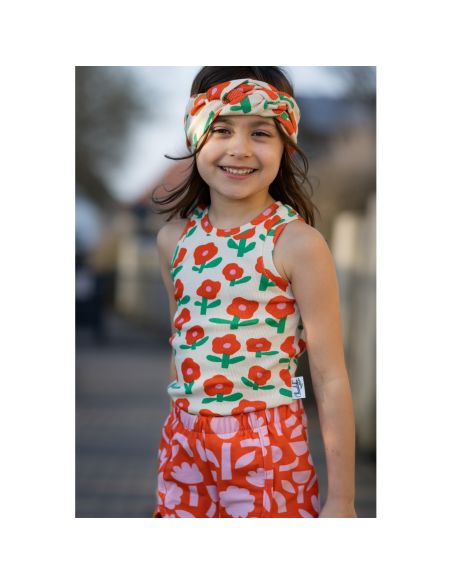 Tissu jersey coton maille côtelé Jennifer Bouron - Fleurs orange sur fond naturel