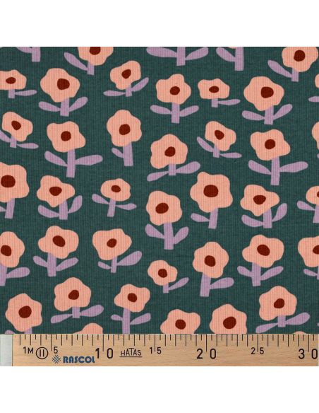 Tissu jersey coton maille côtelé Jennifer Bouron - Fleurs pêche sur fond vert