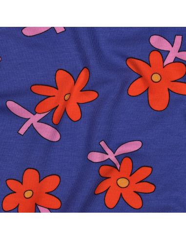 Tissu jersey imprimé Jennifer Bouron - Fleurs rouge sur fond bleu