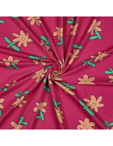 Tissu jersey imprimé Jennifer Bouron - Fleurs pêche sur fond fuchsia