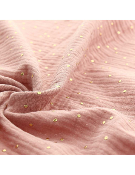 Tejido de doble gasa de algodón con mini lunares dorados - Rosa té