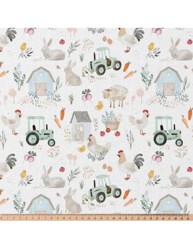 Tissu popeline de coton - Tracteur blanc et vert