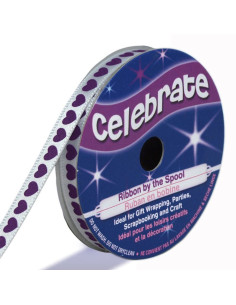 Cinta de satén Celebrate blanca con corazones violetas impresos - 6 mm x 4 metros