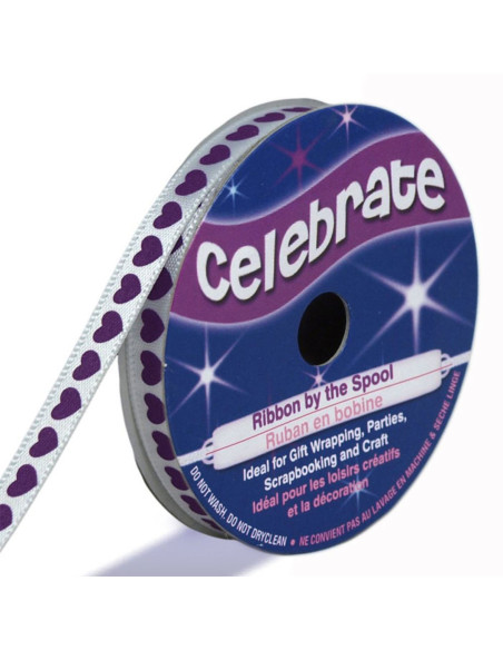 Cinta de satén Celebrate blanca con corazones violetas impresos - 6 mm x 4 metros