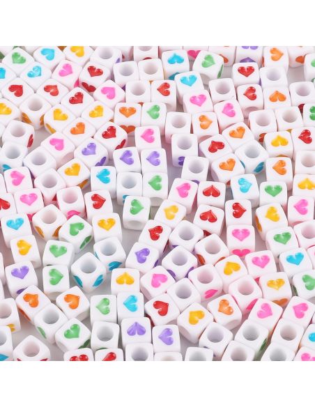 Sachet de 100 perles carrées blanches - Coeurs multicolores