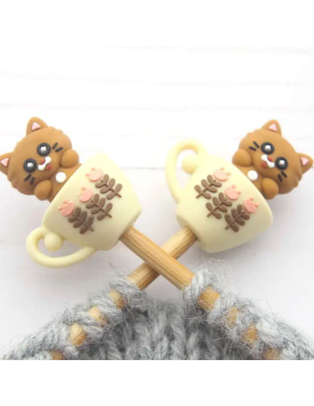 Bouchons stoppeurs de mailles pour aiguilles à tricoter - Chat café