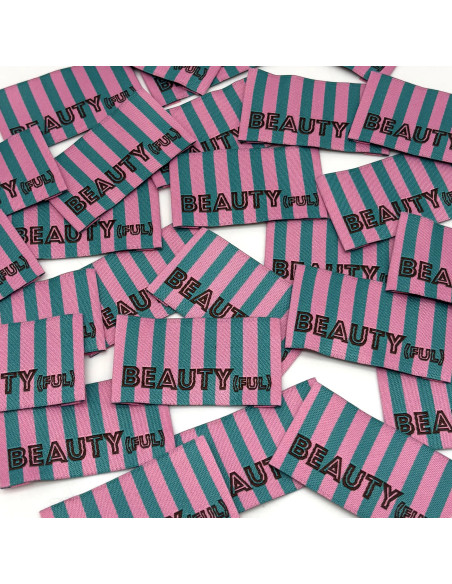 Lot de 5 étiquettes tissées à coudre BEAUTY(ful) rayures vert rose