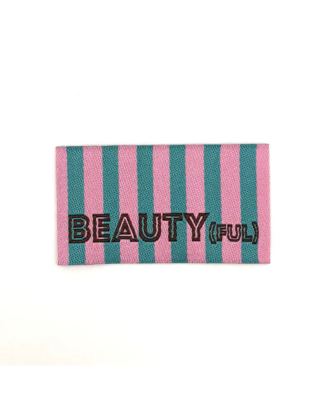 Lot de 5 étiquettes tissées à coudre BEAUTY(ful) rayures vert rose
