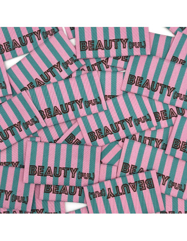 Lot de 5 étiquettes tissées à coudre BEAUTY(ful) rayures vert rose