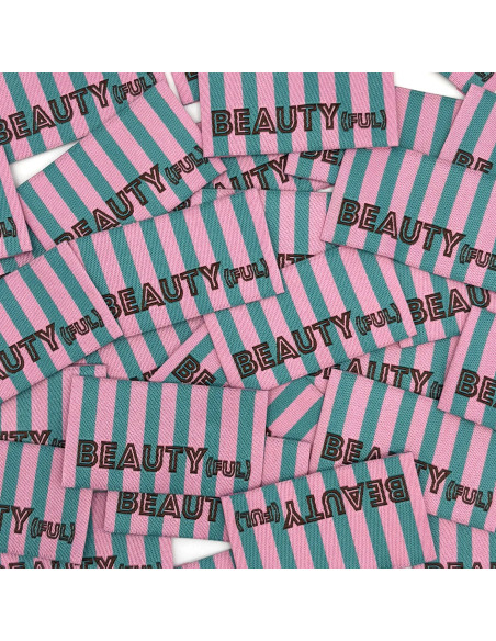 Lot de 5 étiquettes tissées à coudre BEAUTY(ful) rayures vert rose