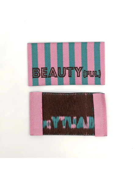 Lot de 5 étiquettes tissées à coudre BEAUTY(ful) rayures vert rose