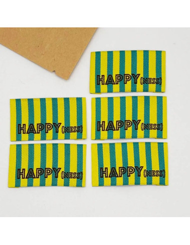 Lot de 5 étiquettes tissées à coudre HAPPY(ness) rayures jaune vert