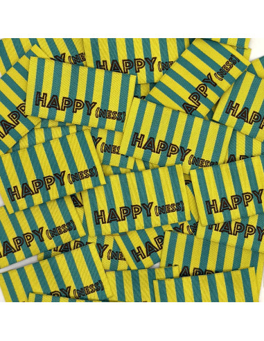 Lot de 5 étiquettes tissées à coudre HAPPY(ness) rayures jaune vert