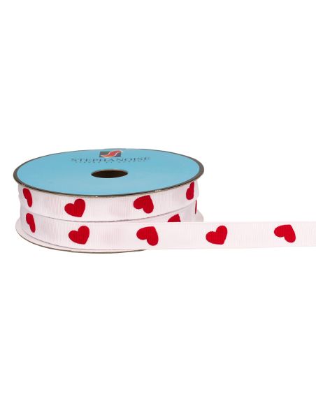 Ruban gros grain blanc - Coeurs rouges