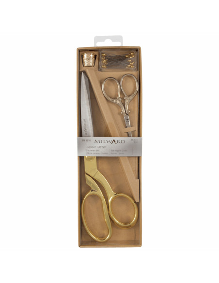 Estuche de tijeras de costura y bordado, dedal y alfileres - Oro