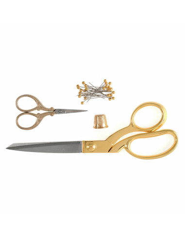 Estuche de tijeras de costura y bordado, dedal y alfileres - Oro