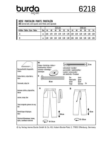 Patrón de pantalón - Burda 6218