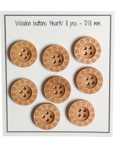 Paquete de 8 botones de madera corazones 18 mm
