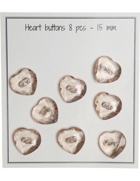 Paquete de 8 botones corazones transparentes beige 15 mm