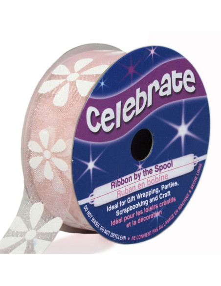 Cinta de organza Celebrate rosa y flores - 15 mm x 3.5 m