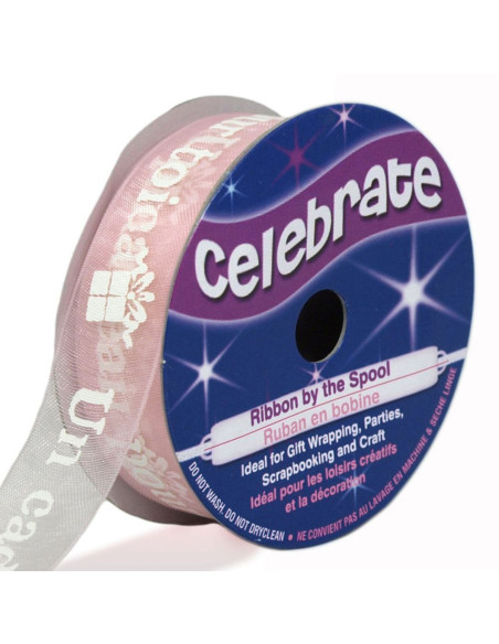 Cinta de organza Celebrate rosa un regalo para ti - 15 mm x 3.5 m