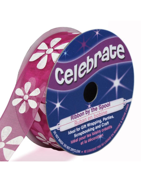 Cinta de organza Celebrate fucsia y flores - 15 mm x 3.5 m