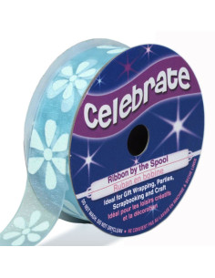 Cinta de organza Celebrate azul cielo y flores - 15 mm x 3.5 m