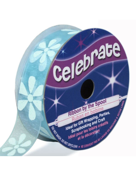 Cinta de organza Celebrate azul cielo y flores - 15 mm x 3.5 m