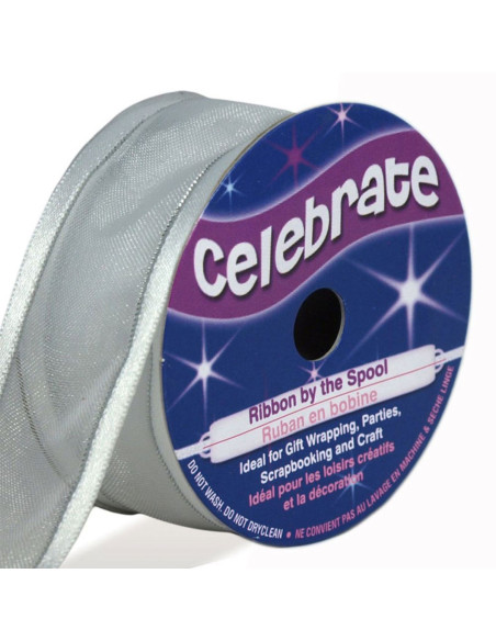 Cinta de organza Celebrate blanca con ribete gris - 25 mm x 4 m