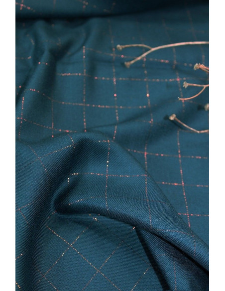 Tejido sarga de viscosa cuadros azul petróleo lurex cobrizo - Églantine & Zoé