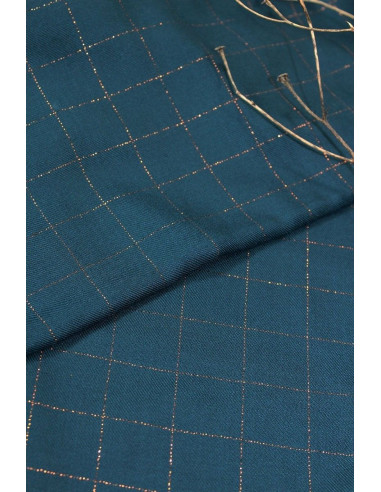 Tejido sarga de viscosa cuadros azul petróleo lurex cobrizo - Églantine & Zoé