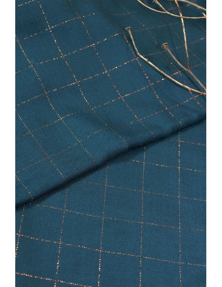 Tejido sarga de viscosa cuadros azul petróleo lurex cobrizo - Églantine & Zoé