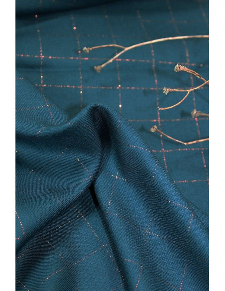 Tejido sarga de viscosa cuadros azul petróleo lurex cobrizo - Églantine & Zoé