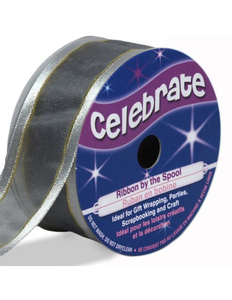 Cinta de organza Celebrate plata con ribete dorado - 25 mm x 4 m