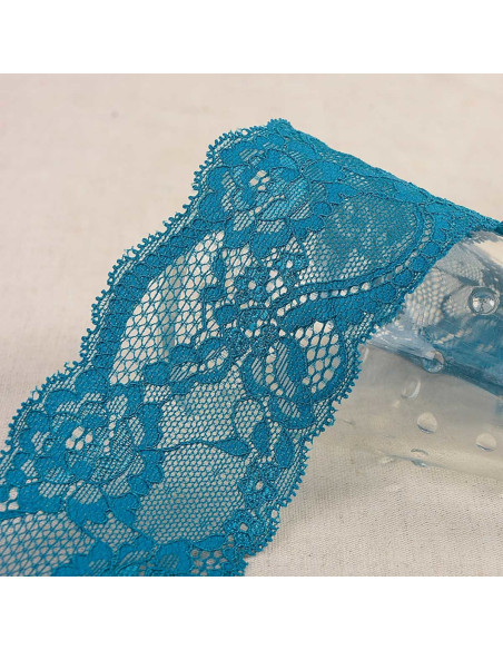 Encaje elástico rosas - Azul petróleo