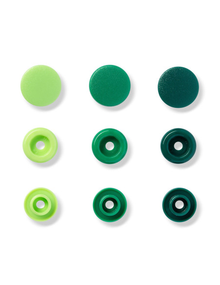 Juego de 30 botones a presión Color Snaps 12,4 mm - Verde manzana, verde y verde abeto