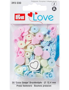 Juego de 30 botones a presión Color Snaps Corazones 12,4 mm - Rosa, verde limón y azul cielo