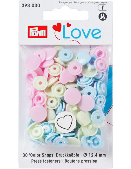 Juego de 30 botones a presión Color Snaps Corazones 12,4 mm - Rosa, verde limón y azul cielo