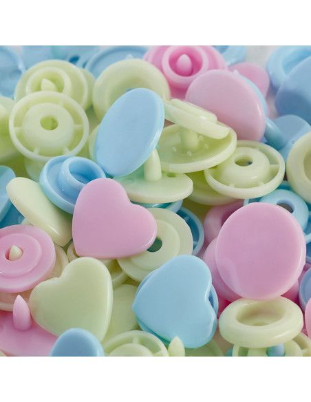 Juego de 30 botones a presión Color Snaps Corazones 12,4 mm - Rosa, verde limón y azul cielo