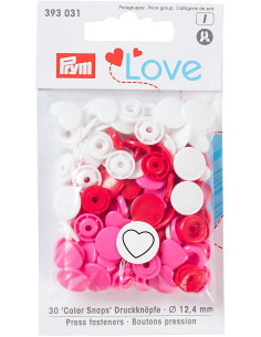 Juego de 30 botones a presión Color Snaps Corazones 12,4 mm - Rojo, blanco y fucsia