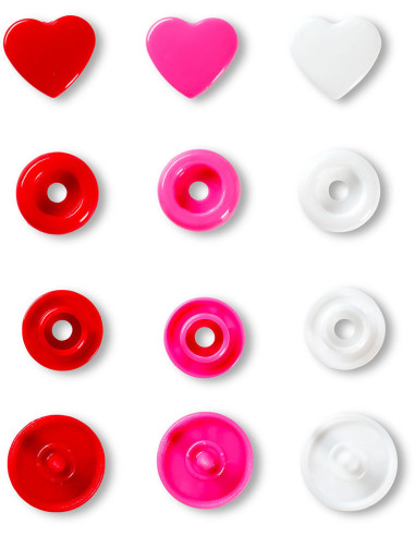 Juego de 30 botones a presión Color Snaps Corazones 12,4 mm - Rojo, blanco y fucsia