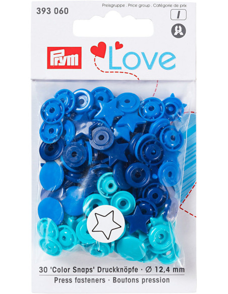 Juego de 30 botones a presión Color Snaps Estrellas 12,4 mm - Azul, turquesa y tinta
