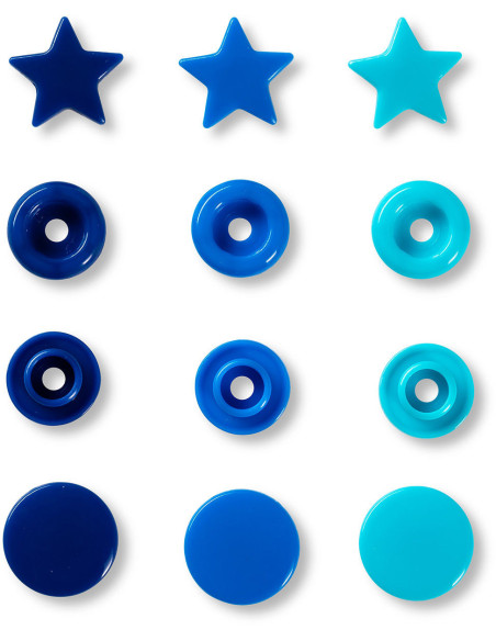 Juego de 30 botones a presión Color Snaps Estrellas 12,4 mm - Azul, turquesa y tinta