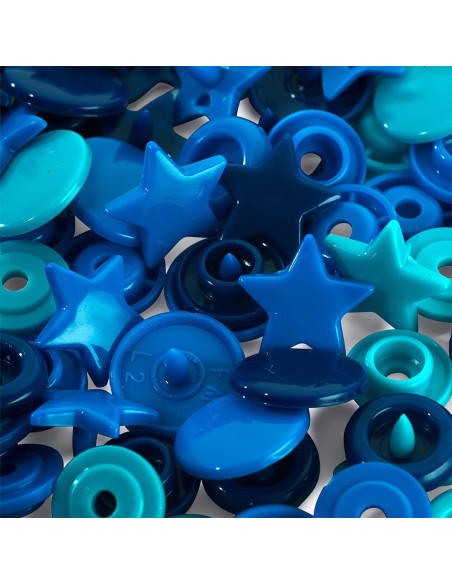 Juego de 30 botones a presión Color Snaps Estrellas 12,4 mm - Azul, turquesa y tinta