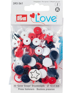 Juego de 30 botones a presión Color Snaps Estrellas 12,4 mm - Rojo, blanco y marino