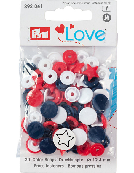 Juego de 30 botones a presión Color Snaps Estrellas 12,4 mm - Rojo, blanco y marino