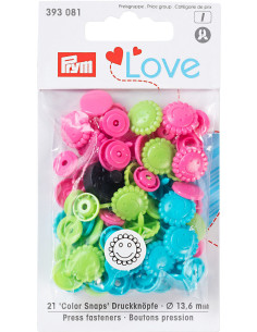 Juego de 21 botones a presión Color Snaps Flores 13,6 mm - Turquesa, verde y fucsia