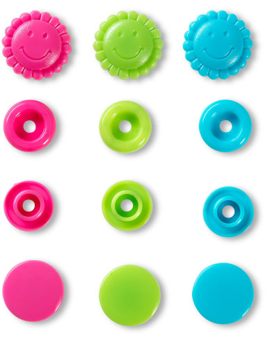 Juego de 21 botones a presión Color Snaps Flores 13,6 mm - Turquesa, verde y fucsia